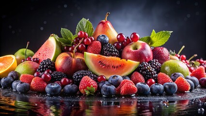 Wall Mural - A vibrant display of assorted cut fruits on top of a mound of black and pink fruits, adorned with droplets of water