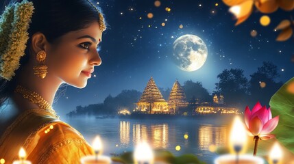 Sharad Purnima. A religious festival celebrating Hindu lunar month of Ashvin, Young india Woman with traditional attire celebrating festival on Fullmoon night with Candle light and Lotus