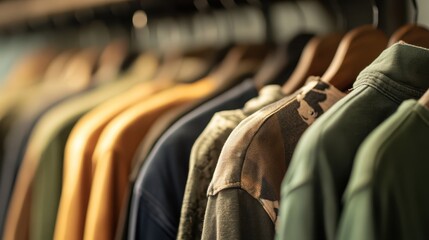 A close-up view of a stylish collection of clothing hanging on hangers, showcasing various colors and textures in a serene setting.