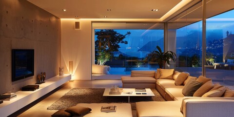 Poster - Soft ambient lighting in a modern living room, creating a cozy and inviting atmosphere for relaxation