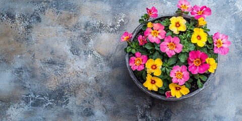 Poster - flower potting background, indoor planting cultivation gardening sale offer banner with copy space, pink yellow flowers in flowerpot top view on gray marble floor 