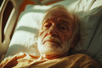 Elderly patient recovering in hospital bed looking calmly