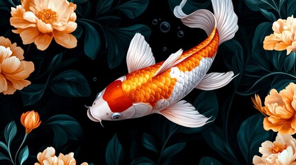 Illustration of a vibrant koi fish swimming among lush orange peonies and dark foliage.