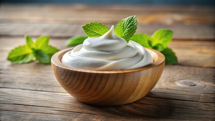 Wall Mural - Whipped sour cream or yogurt in a wooden bowl with mint leaves on a wooden table with blurred background