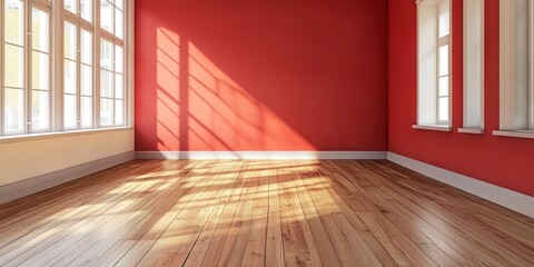 Canvas Print - Empty room of apartment with red painted wall, laminate flooring and daylight 