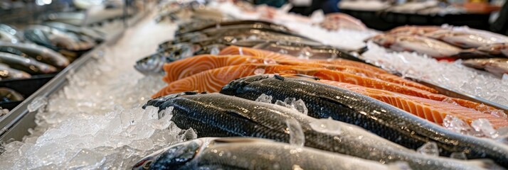 Canvas Print - Rows of Fresh Fish on Ice Available for Sale at the Market