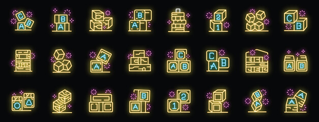 Poster - Glowing neon icons set of various building blocks with letters and numbers for children