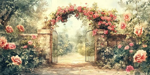 Poster - Enter garden gate with roses, watercolor, detailed, wallpaper design, art pastel color, banner, and wall design for print