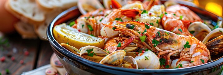 Poster - Authentic seafood dish in an appealing bowl showcasing a delightful blend of marine ingredients, bread, and aromatic spices.