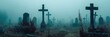 © The 2R Artificiality - Mysterious old cemetery featuring crosses and graves desolate burial area in shadows somber resting place in mist