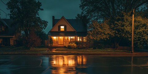 Sticker - A photo of a house during nighttime rain.