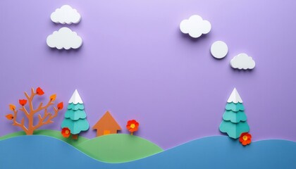 Paper cut-out scene with trees, a house, and clouds against a purple background.