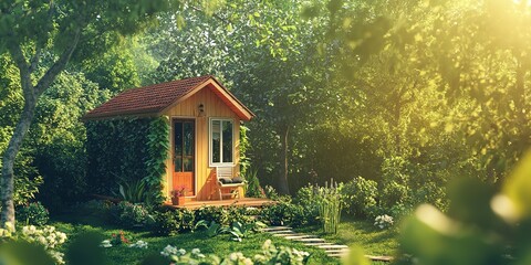 Canvas Print - A tiny house, with lush greenery as the background, during a vibrant spring morning 