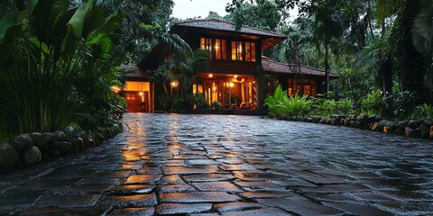 Wall Mural - A close-up view of a wet stone driveway with a beautiful house and lush trees lit by soft natural light. 