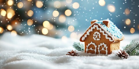 Poster - Christmas composition with gingerbread house and fir branches in snow on blurred lights background. Concept for Christmas, New Year, winter holidays. Banner with copy space. Painted gingerbread cookie