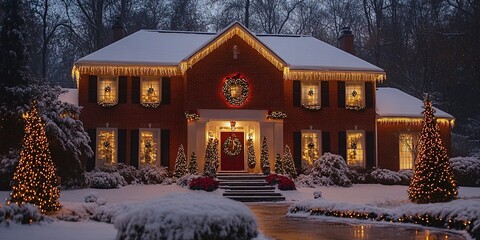 Wall Mural - The house is decorated outside with Christmas lights, a snowy courtyard, Christmas trees and wreaths 