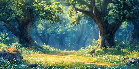 Canvas Print - A beautiful fairytale enchanted forest with big trees and great vegetation. Digital painting background 