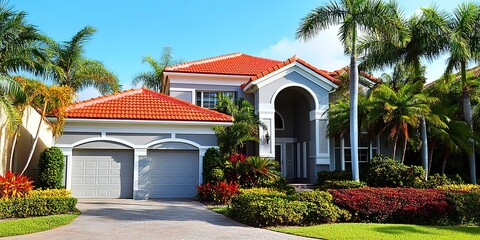 Canvas Print - An attractive house exterior featuring gray walls contrasted with white accents a vibrant red tiled roof a lush front garden teeming with tropical flora palm trees and a well kept driveway and garage