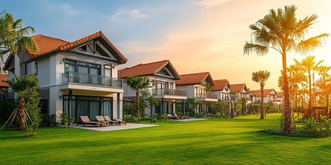 Real estate. Luxury residence, hotel, beautiful holiday resort house on the background of a green lawn with palm tree 