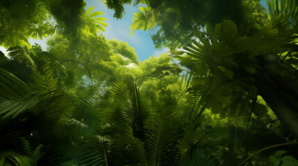 Poster - Vibrant Tropical Jungle Canopy and Tall Trees Under Blue Sky Lush Foliage