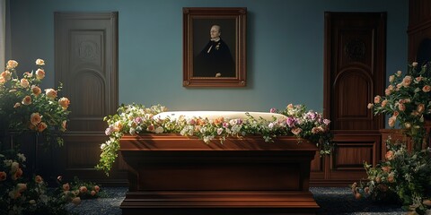 Poster - casket in funeral room with flowers 