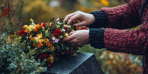 Close-up of the hands of a woman, putting a funeral wreath of flowers on a black granite tombstone in a cemetery. Mourning concept. 