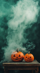 Wall Mural - Halloween night orange pumpkin, carved with frightening face, emitted cloud of smoke it sat amidst dark autumn leaves, creating skittish atmosphere filled with ghostly horror evil sense of dread.