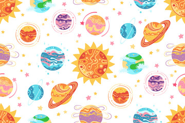 Wall Mural - Solar system planets seamless pattern. Abstract cartoon planets boundless background. Fantastic galaxy space spheres endless cosmos design for paper print repeat wrapper space backdrop template vector