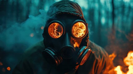 A mysterious figure in a gas mask surrounded by smoke and flames, evoking themes of danger and survival in a post-apocalyptic setting.