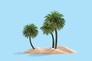 Sticker - Palm trees and sand like tropical island among light blue background symbolizing sky and sea