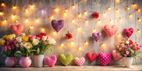 Wall Mural - Valentine's day inspired canvas with colorful hearts and flowers in front of a wall with lights, Valentine's day, canvas