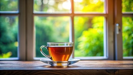 Canvas Print - glass cup of tea on table near window , tea, cup, glass,table, window, drink, beverage, hot, relaxation, cozy, morning