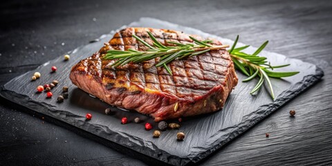 Poster - Grilled beef steak on a dark stone plate with rosemary stems , food, photography, steak, grilled, beef, stone, plate, rosemary