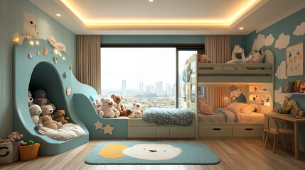 kidsroom, childroom, kid, kids, child, boy, girl, boyroom, girlroom, room, interior, bedroom, bed, furniture, home, 