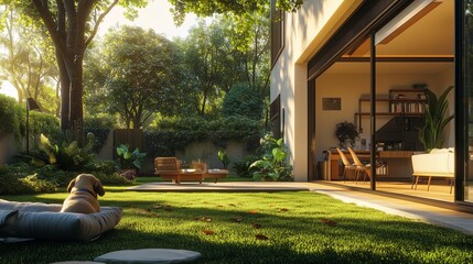 A calm morning in a modern backyard with a dog resting on a cushion, lush greenery, and a cozy home interior in the background