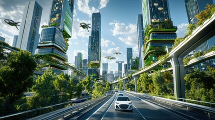 Futuristic Cityscape with Green Buildings and Flying Cars