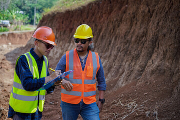 two construction workers check and collect data at the construction site, check the construction land terrain, concept of construction and industrial work.