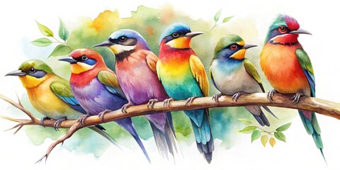 Canvas Print - Colorful birds perched on a tree branch watercolor painting, birds, colorful, vibrant, branch, nature, watercolor, painting