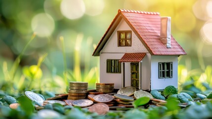 A small model house sits on a bed of green leaves with stacks of coins in front of it.