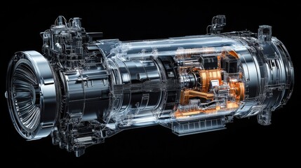 High-tech illustration of a futuristic transparent jet engine showing intricate mechanical parts against a black background.