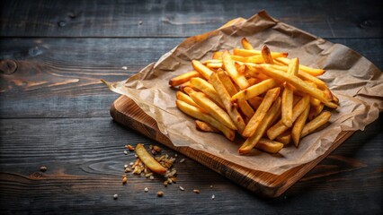 Canvas Print - Baked French fries on baking paper , crispy, golden, salty, homemade, delicious, snack, side dish