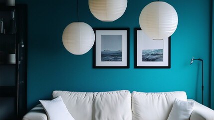 An interior with white paper lanterns hanging over a white sofa against a turquoise wall, featuring two sea paintings in black frames