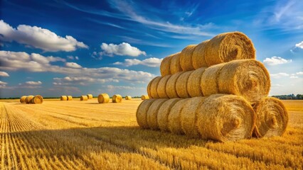 Wall Mural - Wheat straw stacked in a field after harvest , agriculture, farm, rural, countryside, brown, crop, natural, organic