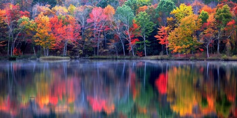 Wall Mural - A tranquil lake reflecting the colors of autumn foliage, illustrating peacefulness and harmony with nature