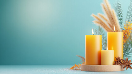 A peaceful scene with three lit yellow candles on a wooden platform, surrounded by dried grasses, palm leaves, and star anise. The soft blue background creates a calming and inviting atmosphere