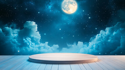 Wall Mural - A wooden round table with a moon in the sky above it. The sky is filled with clouds and stars