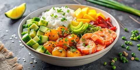 Canvas Print - Shrimp poke bowl with fresh seafood, rice, green onions, tomatoes, avocado, and mango, shrimp, poke bowl, fresh seafood