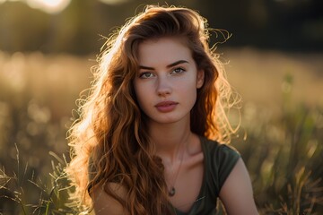 A woman with long red hair sitting in a field