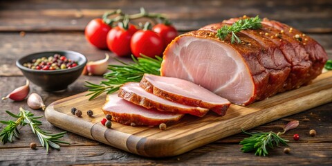 Poster - Sliced pork ham with spices and herbs on a cutting board, pork, ham, sliced, juicy, carving knife, red peppers, allspice