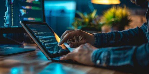 A programmer practicing coding exercises on a tablet device during a self-paced program training session, illustrating personal development and motivation